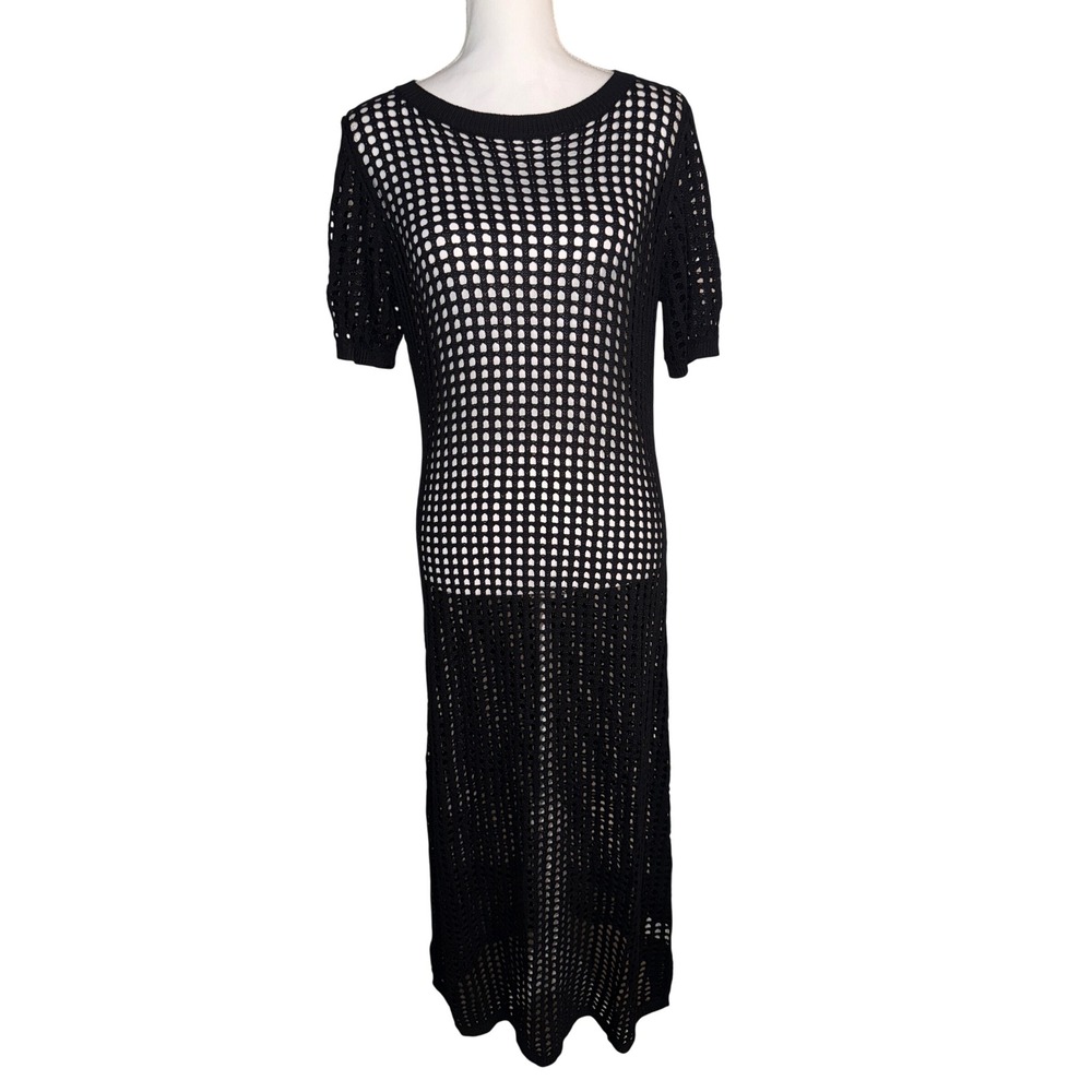PrettyGarden Black Crochet Knit Maxi Dress Swim Cover Up Short Sleeve Med NWT